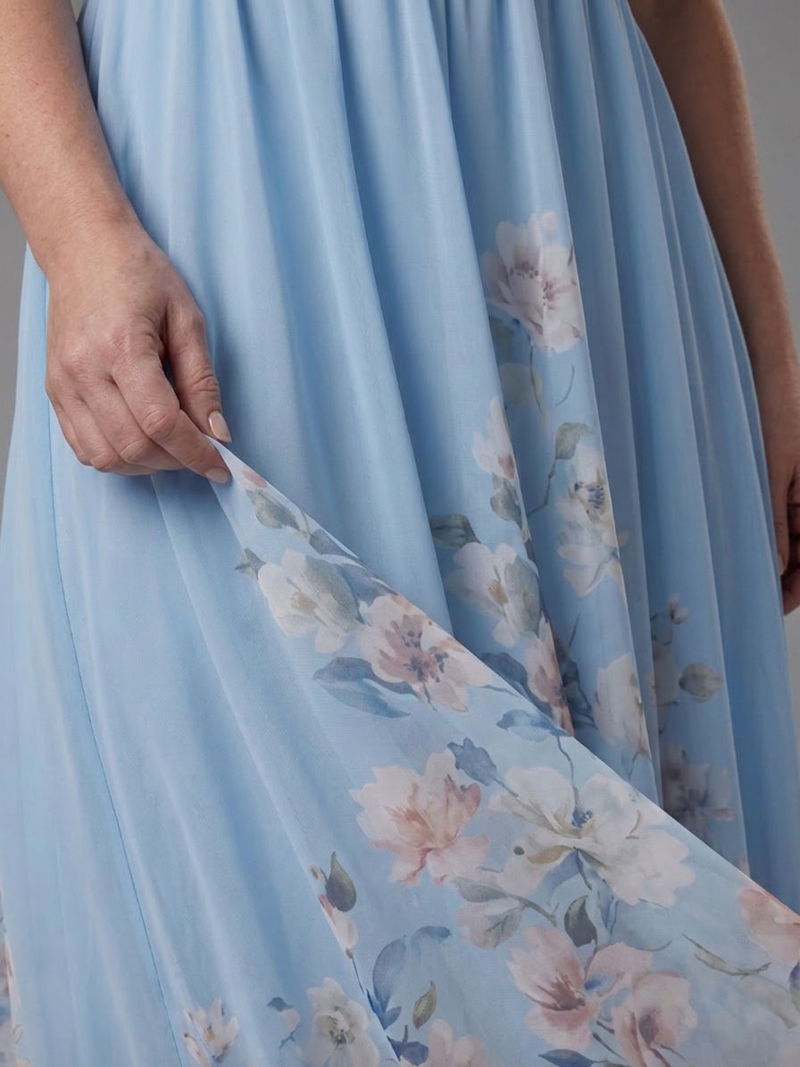 Clarissa | Sleeveless V Neck Soft Floral Hem Midi Dress - Plus size model
