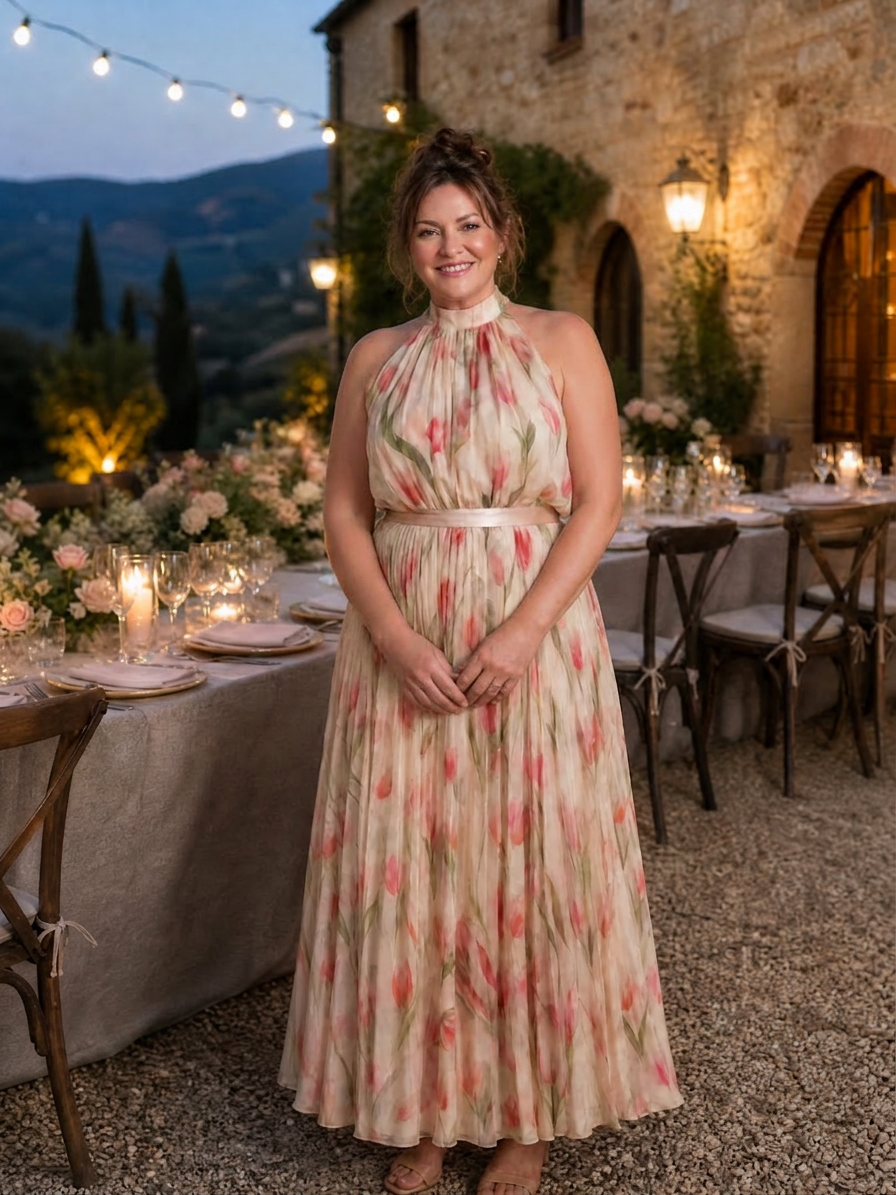 Aurelle | Halter Neck Floral Midi Dress - Plus size model