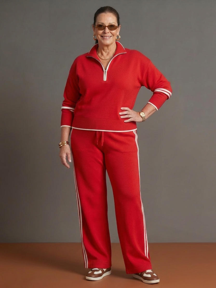 Rain | Zip Neck Long Sleeve Side Stripe Leg Pants Set - Plus size model
