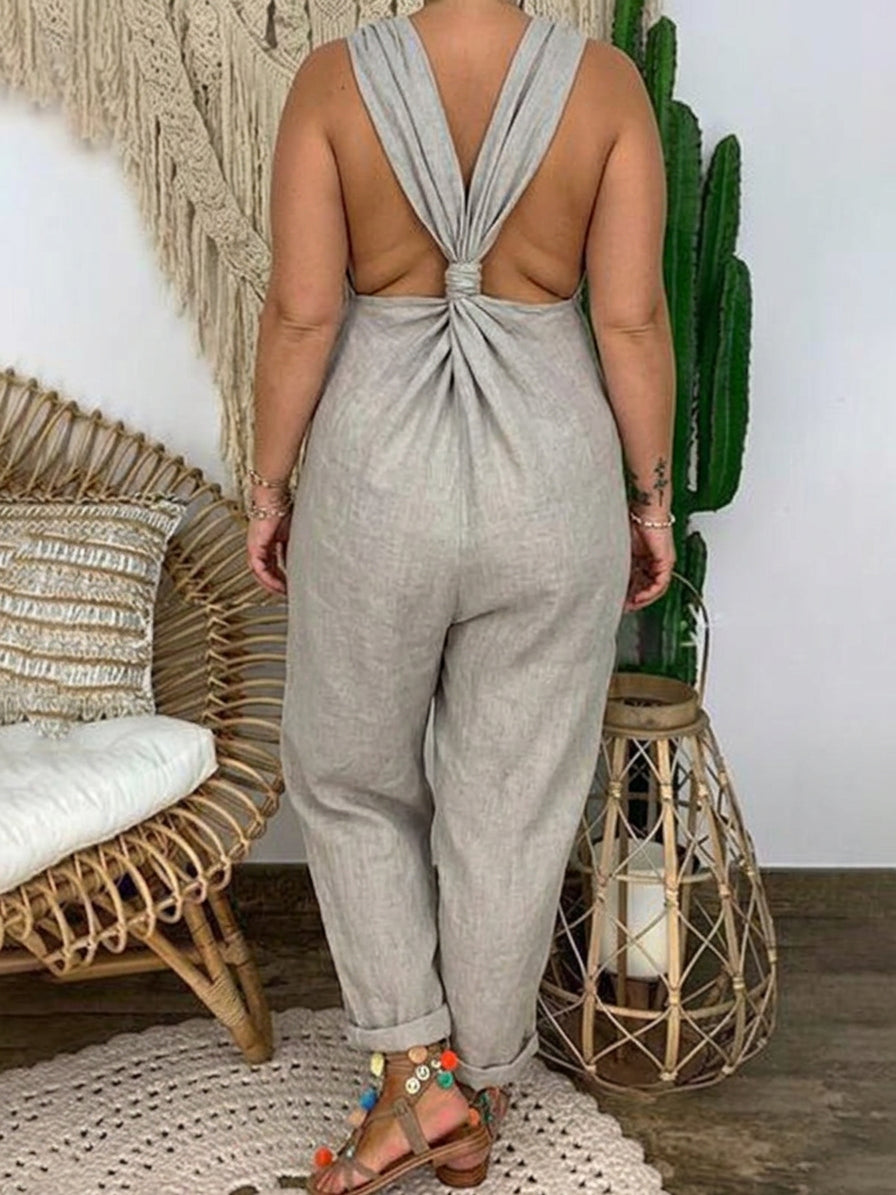 Carter - Solid Cross-back Cotton Linen Loose Jumpsuit - Plus size model