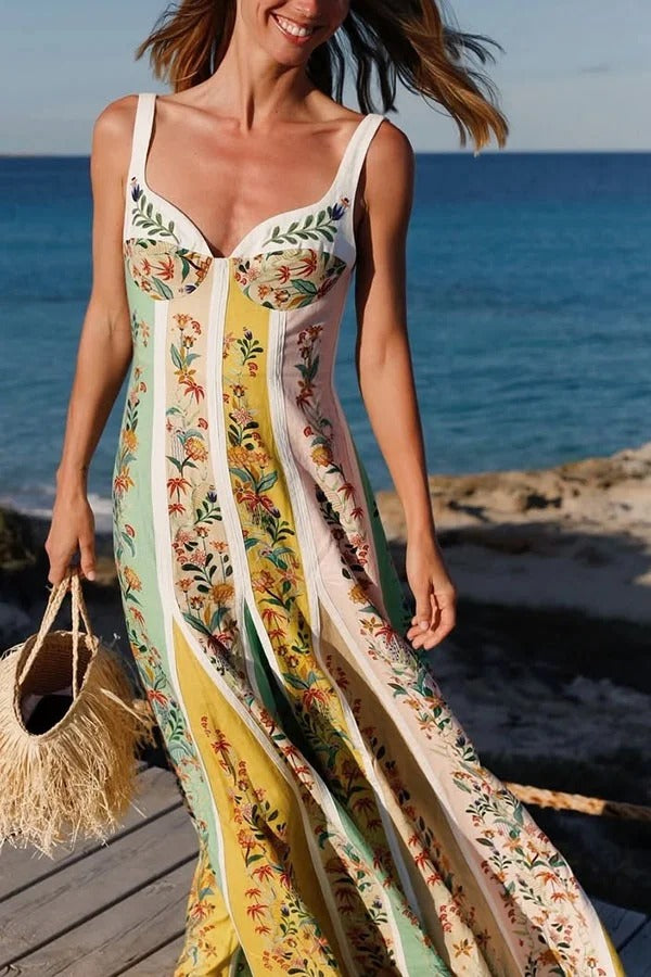 Andrea - Sweet Garden Linen Blend Color Block Floral Paneled Maxi Dress