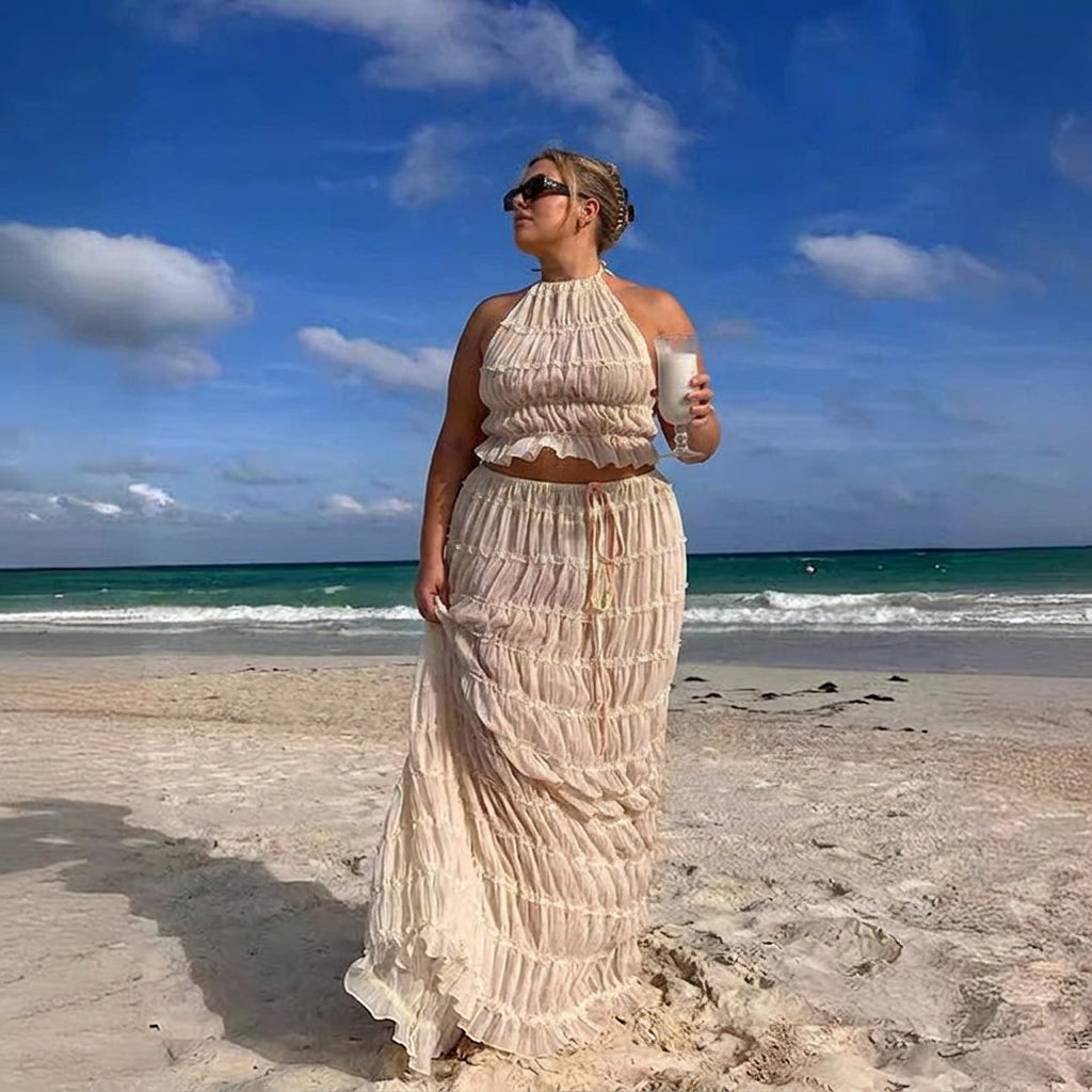 Marina | Ruched Halter Crop Top & Maxi Skirt Set - Plus size model