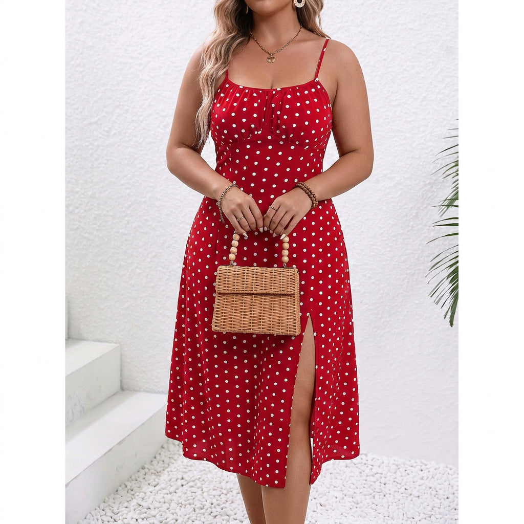 Grace | Polka Dot Side Slit Midi Dress - Plus size model