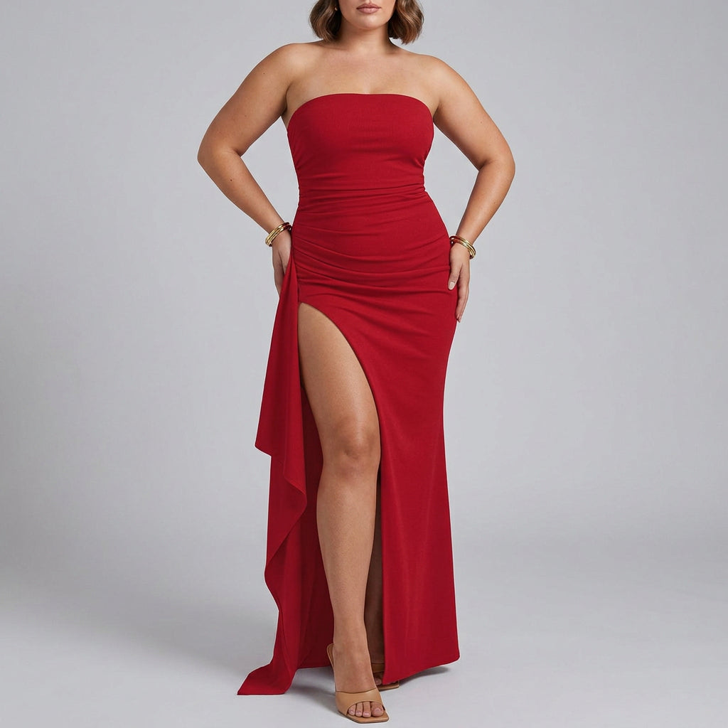 Maxine | Elegant Strapless Ruched High-Slit Maxi Dress - Plus size model