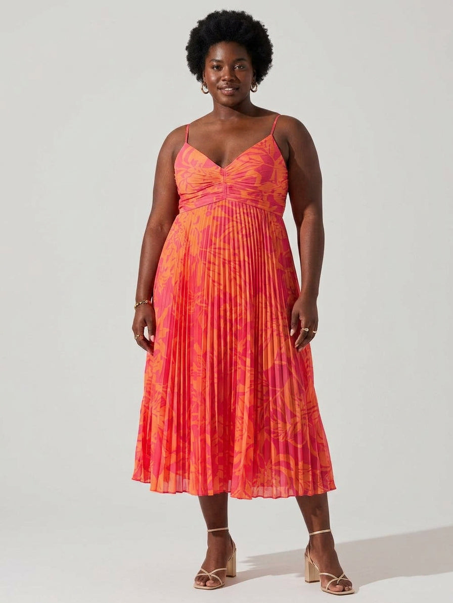Heather | Coastal Chic Elegant Floral Print Pleats Midi Dress Collection - Plus size model