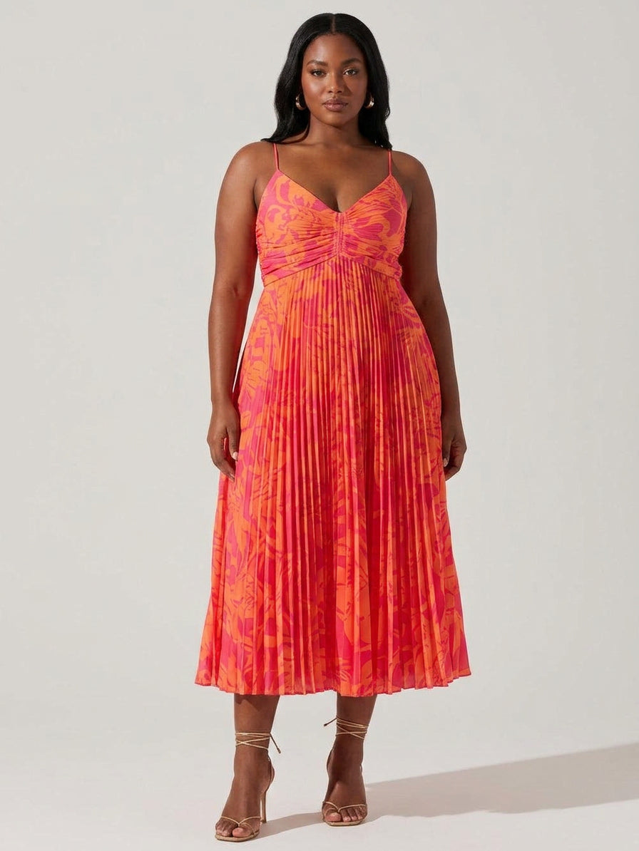 Heather | Coastal Chic Elegant Floral Print Pleats Midi Dress Collection - Plus size model