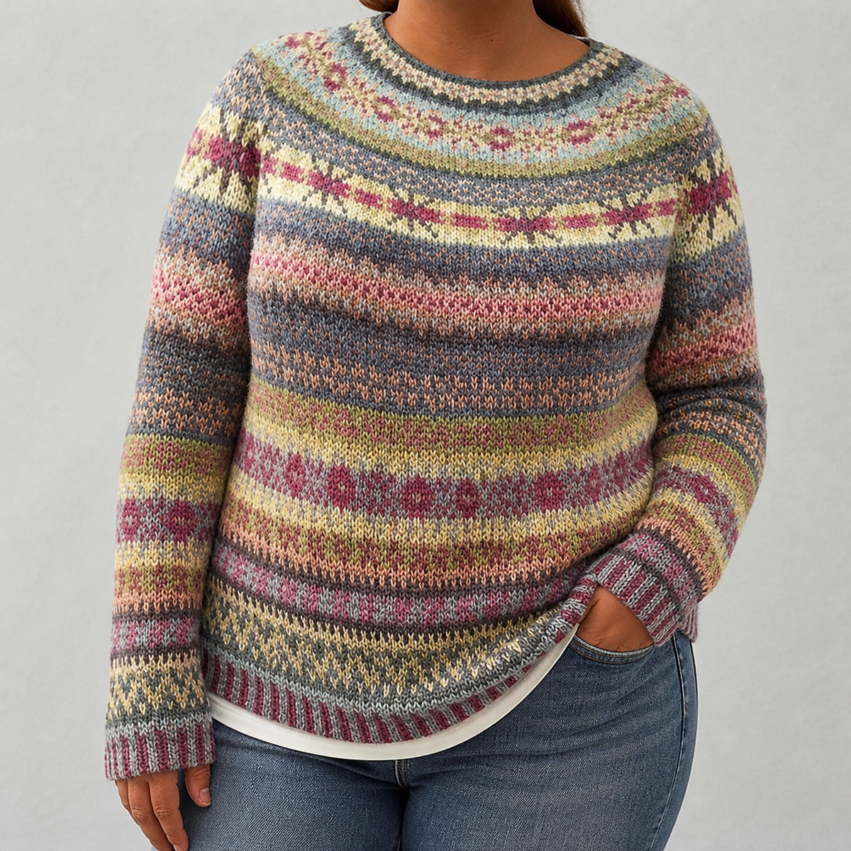 Loretta - Retro Scandinavian knitted sweater - Plus size model