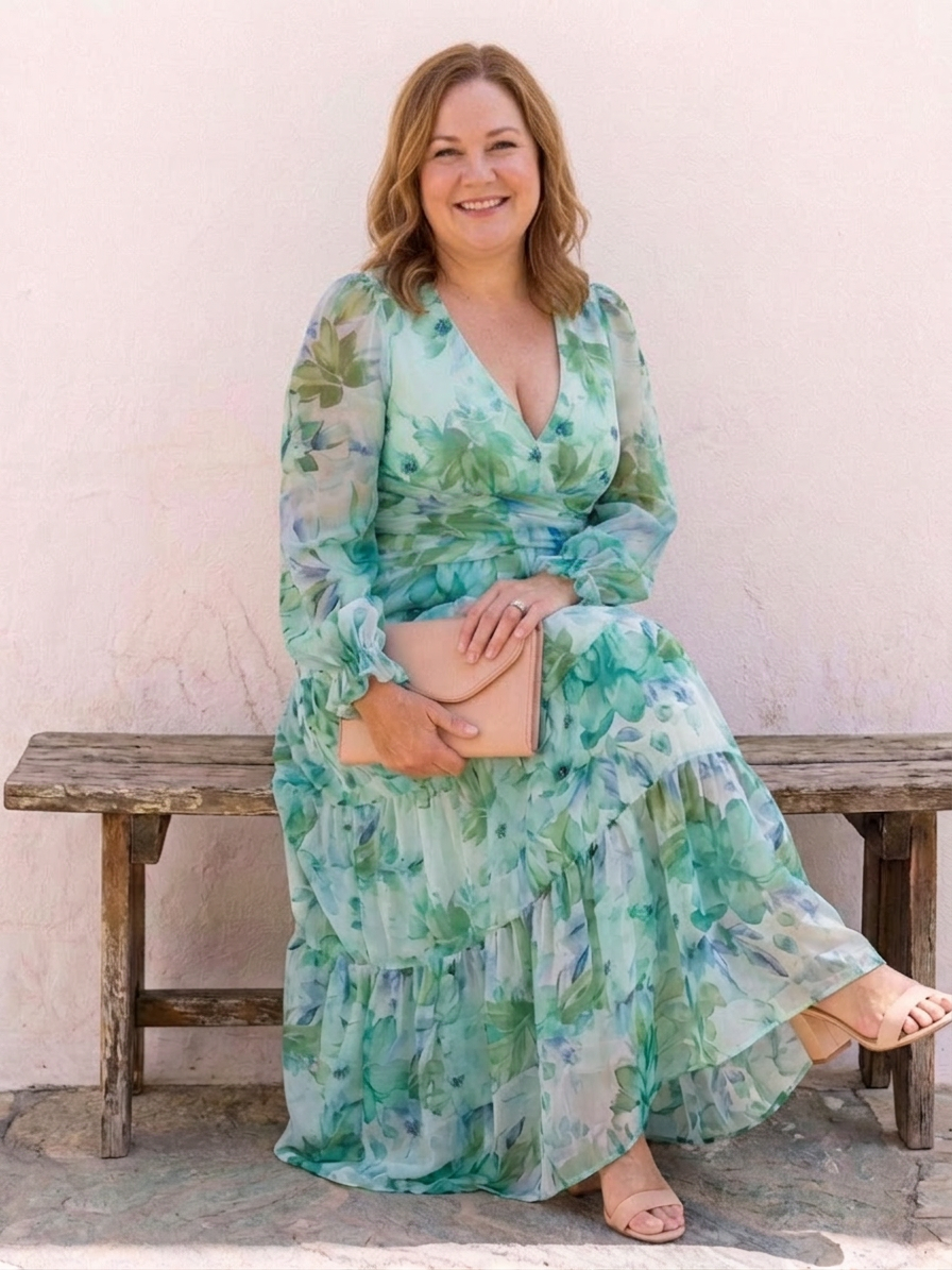 Althea | Long Sleeve Floral Maxi Dress - Plus size model