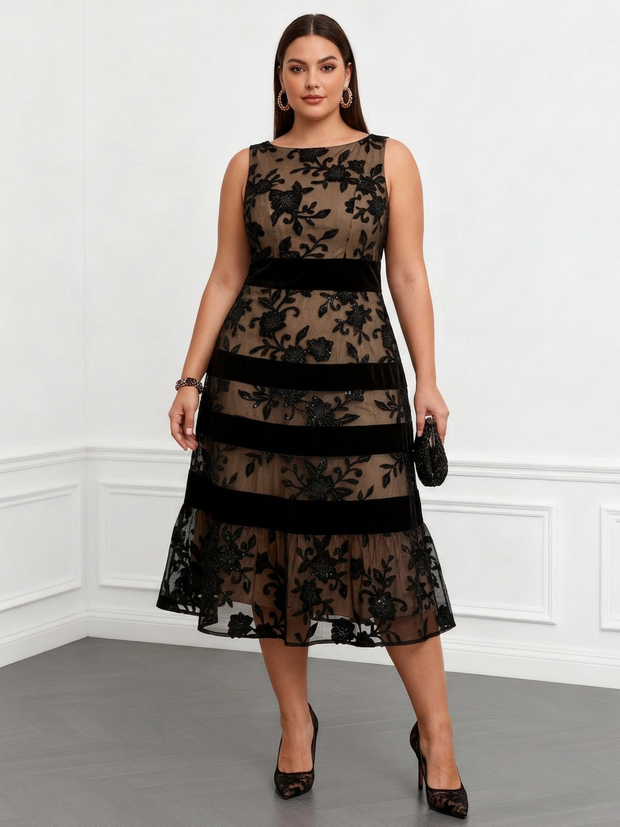 Black Mesh Floral Sleeveless A-Line Midi Dress - Plus size model