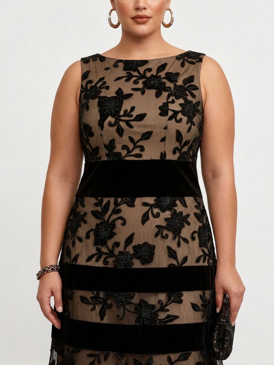 Black Mesh Floral Sleeveless A-Line Midi Dress - Plus size model