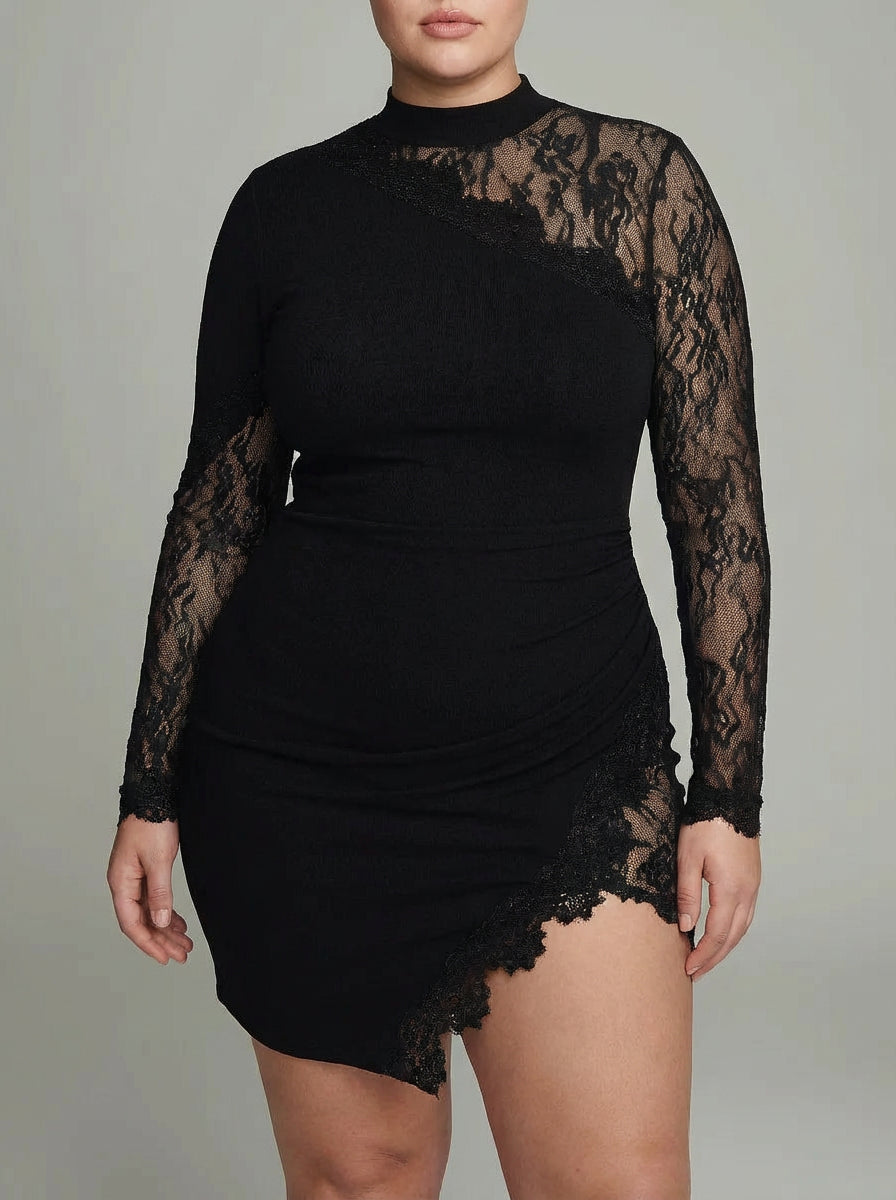 Black Turtleneck Lace Asymmetrical Tulle Long Sleeve Mini Dress - Plus size model