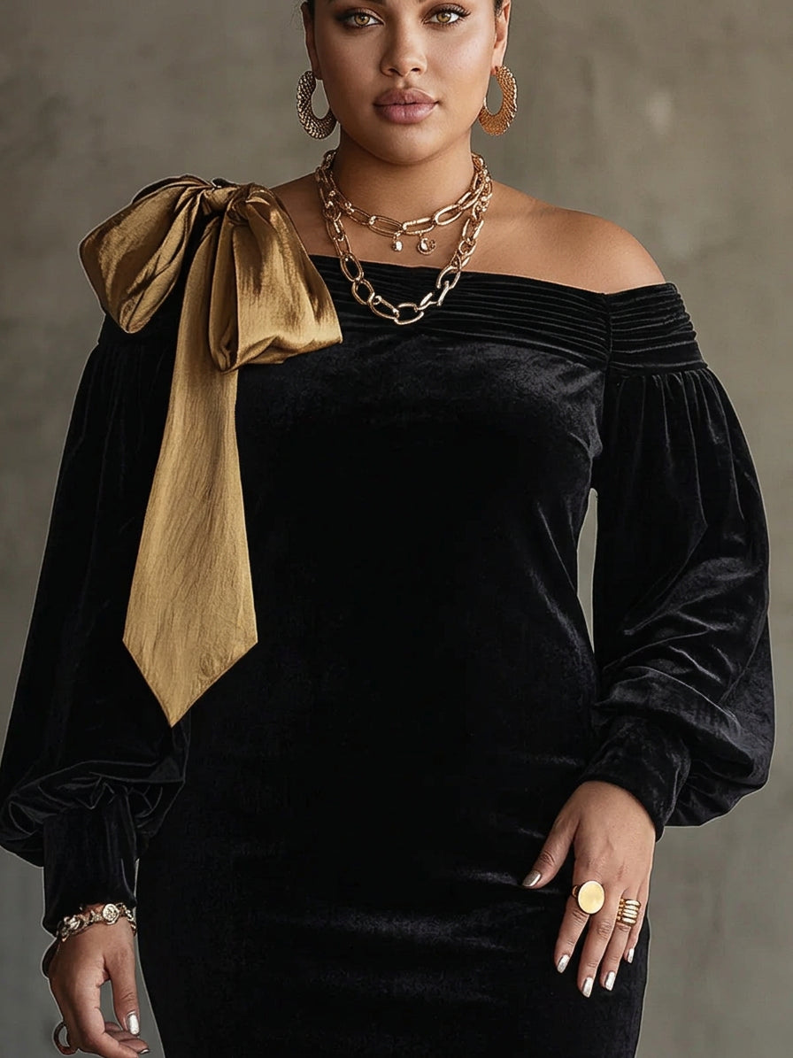 Black Velvet and Gold Satin Patchwork Off-Shoulder Mini Dress - Plus size model