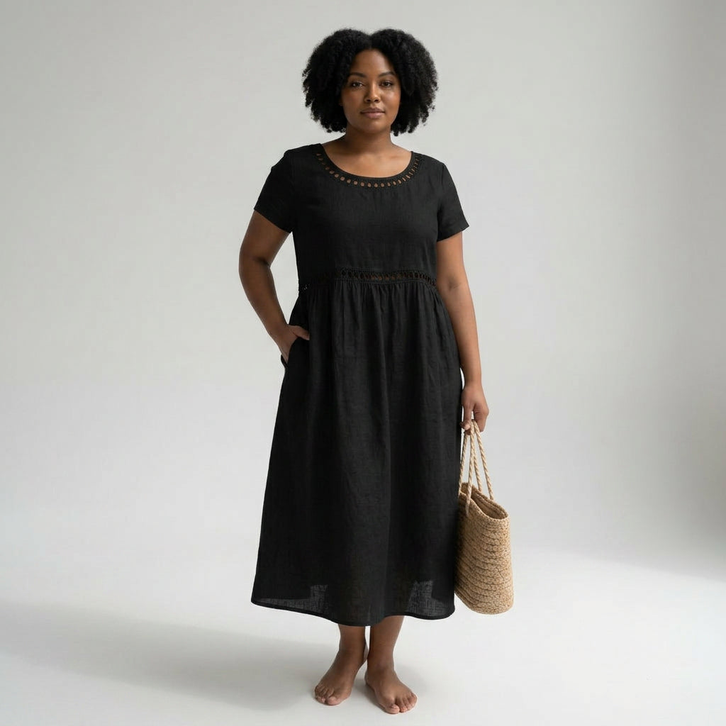 Pernelle™ — Mid-length dress 100% cotton embroidered with soft femininity - Plus size model