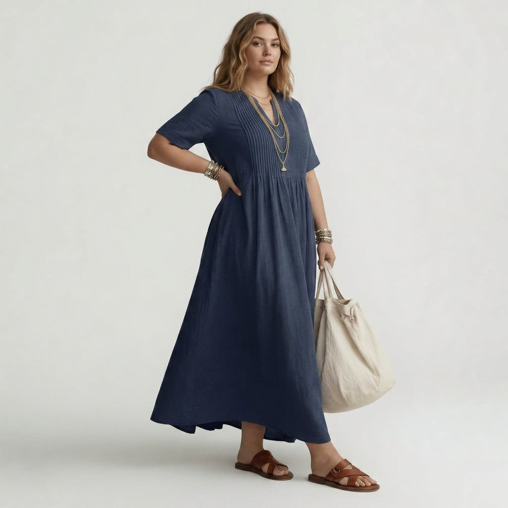 Pélagie — Long Cotton Dress with V-Neck for Summer Freedom - Plus size model