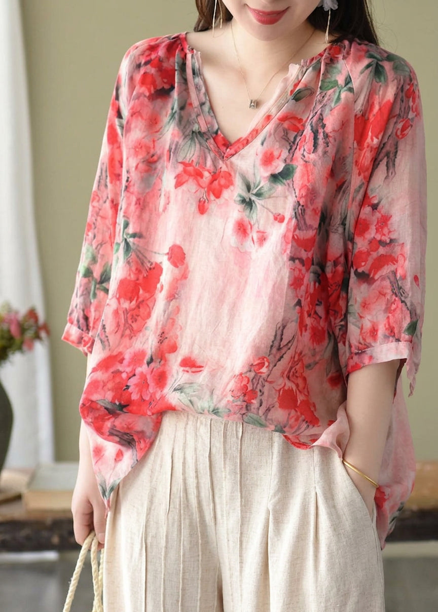 Luna - Boutique Pink V Neck Print Loose Fall Half Sleeve Blouses - Plus size model