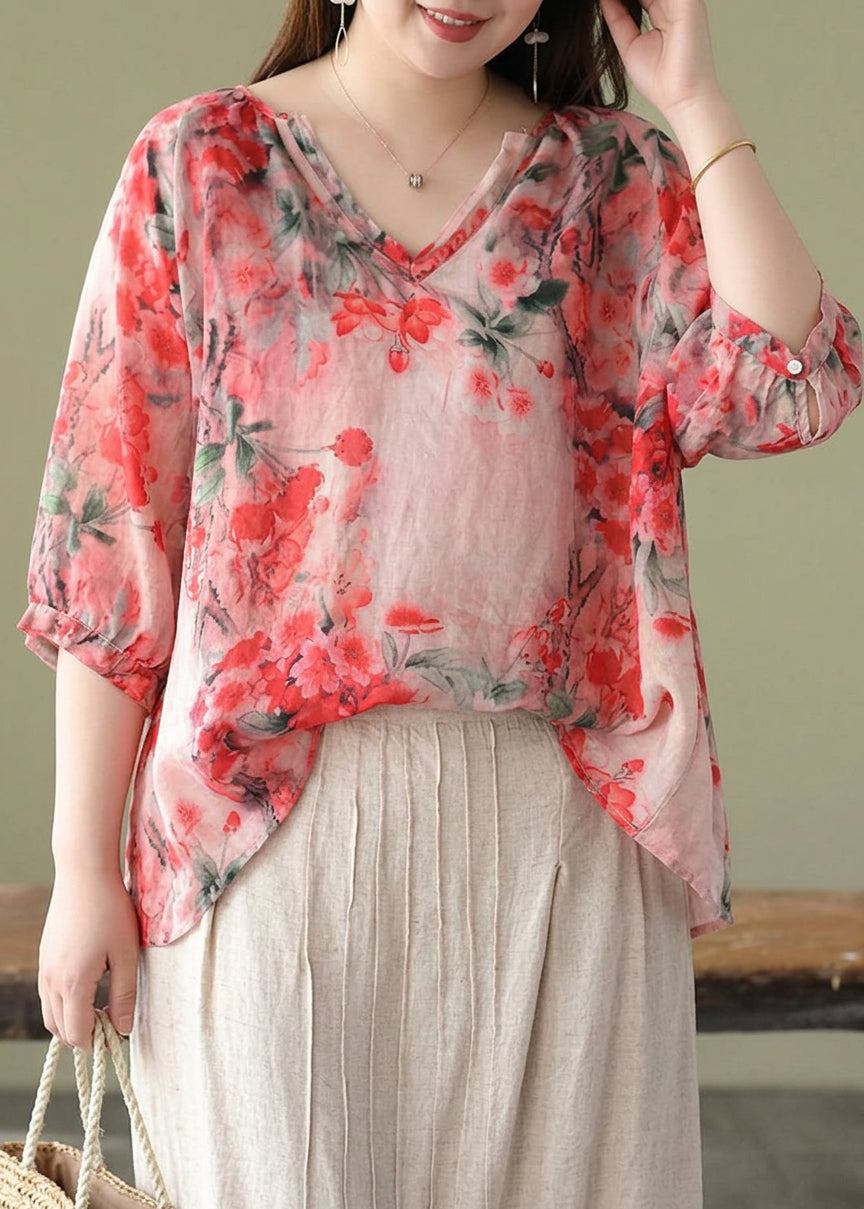 Luna - Boutique Pink V Neck Print Loose Fall Half Sleeve Blouses - Plus size model