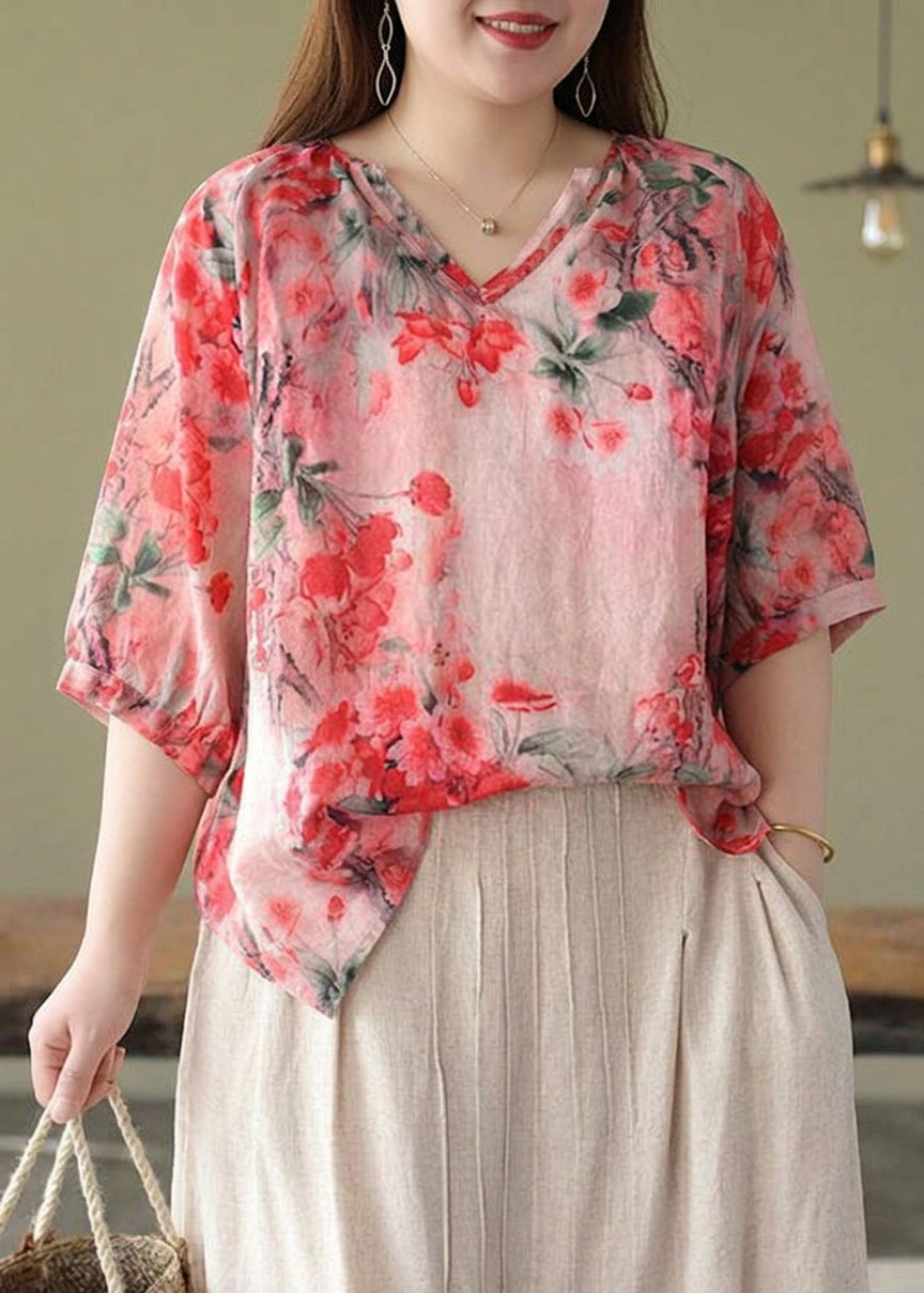 Luna - Boutique Pink V Neck Print Loose Fall Half Sleeve Blouses - Plus size model