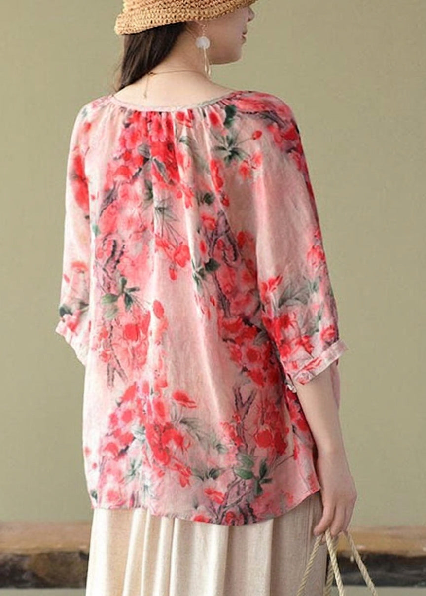 Luna - Boutique Pink V Neck Print Loose Fall Half Sleeve Blouses - Plus size model