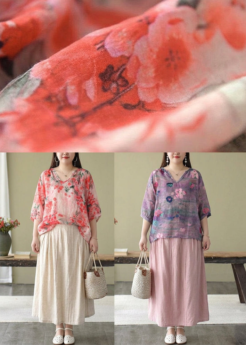 Luna - Boutique Pink V Neck Print Loose Fall Half Sleeve Blouses - Plus size model