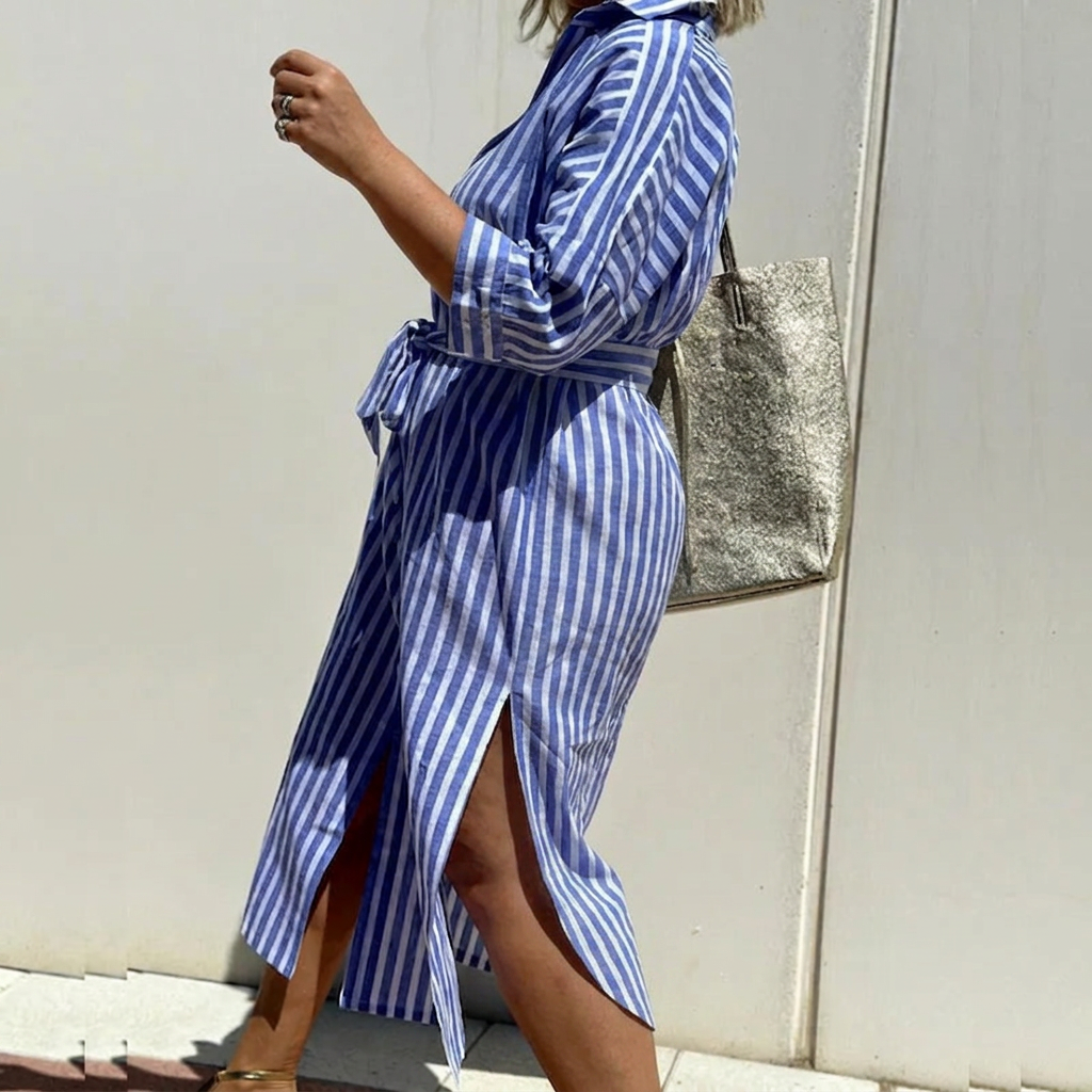 Breezy | Women's Linen Button-Down Stripe Shirt Dress - Plus size model