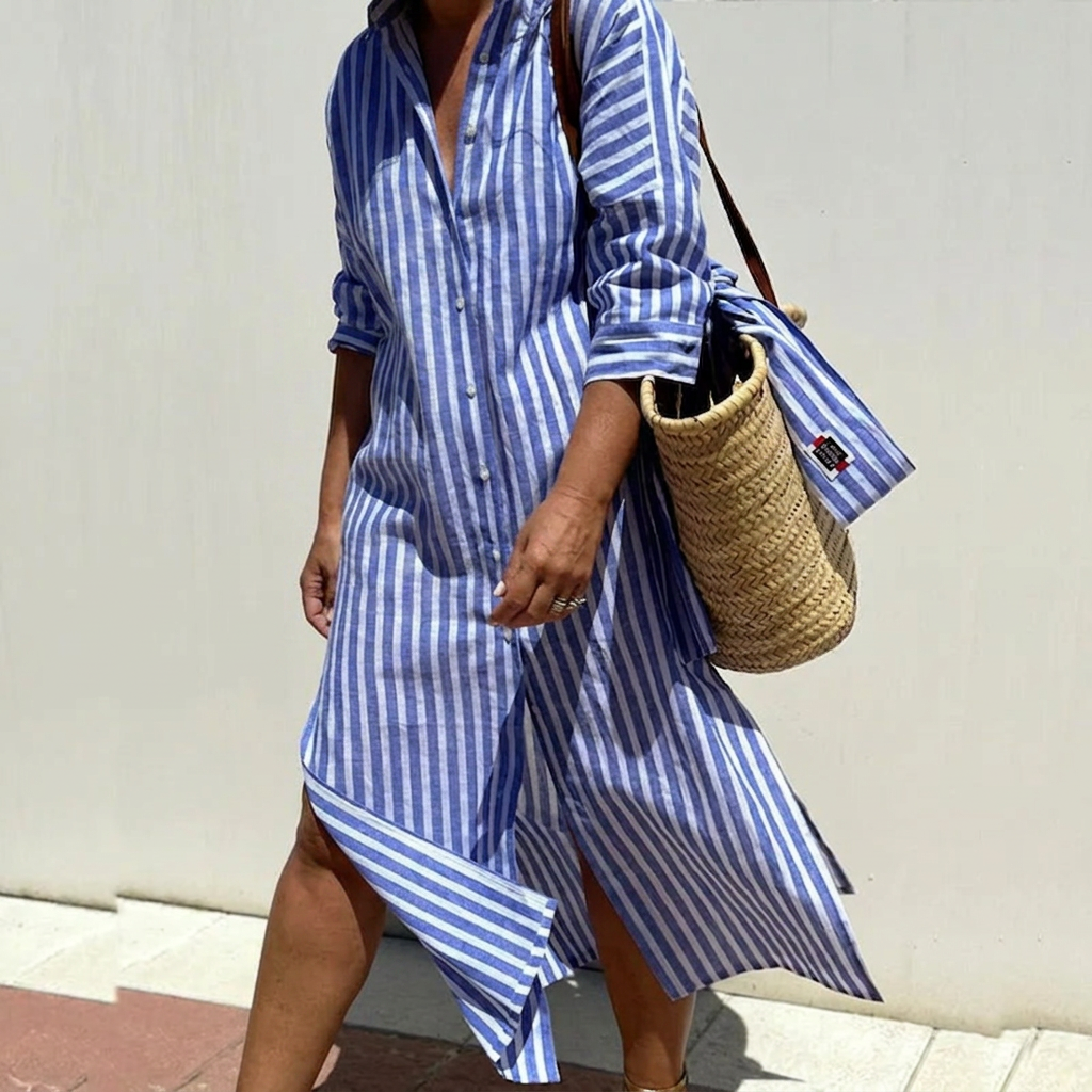 Breezy | Women's Linen Button-Down Stripe Shirt Dress - Plus size model