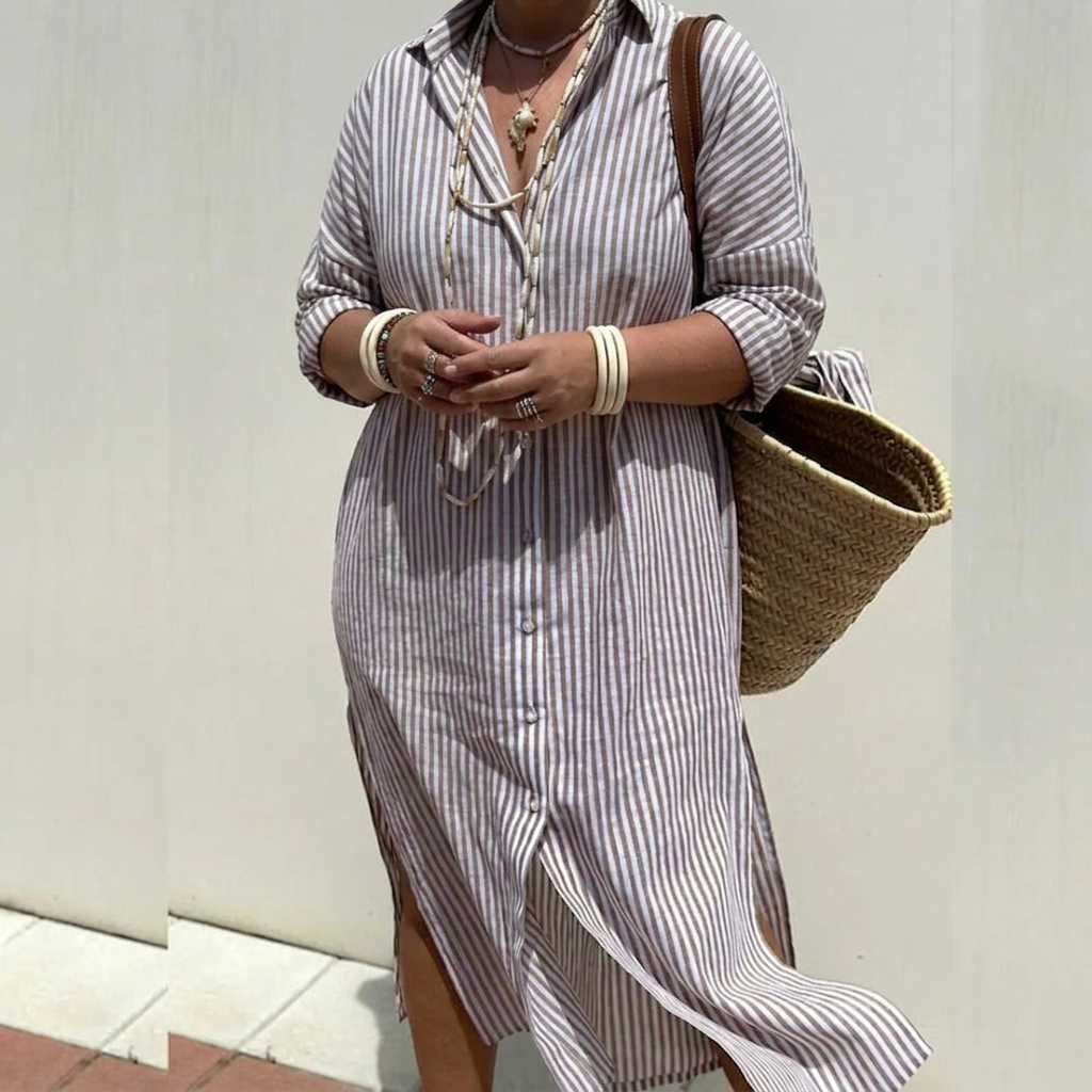 Breezy | Women's Linen Button-Down Stripe Shirt Dress - Plus size model