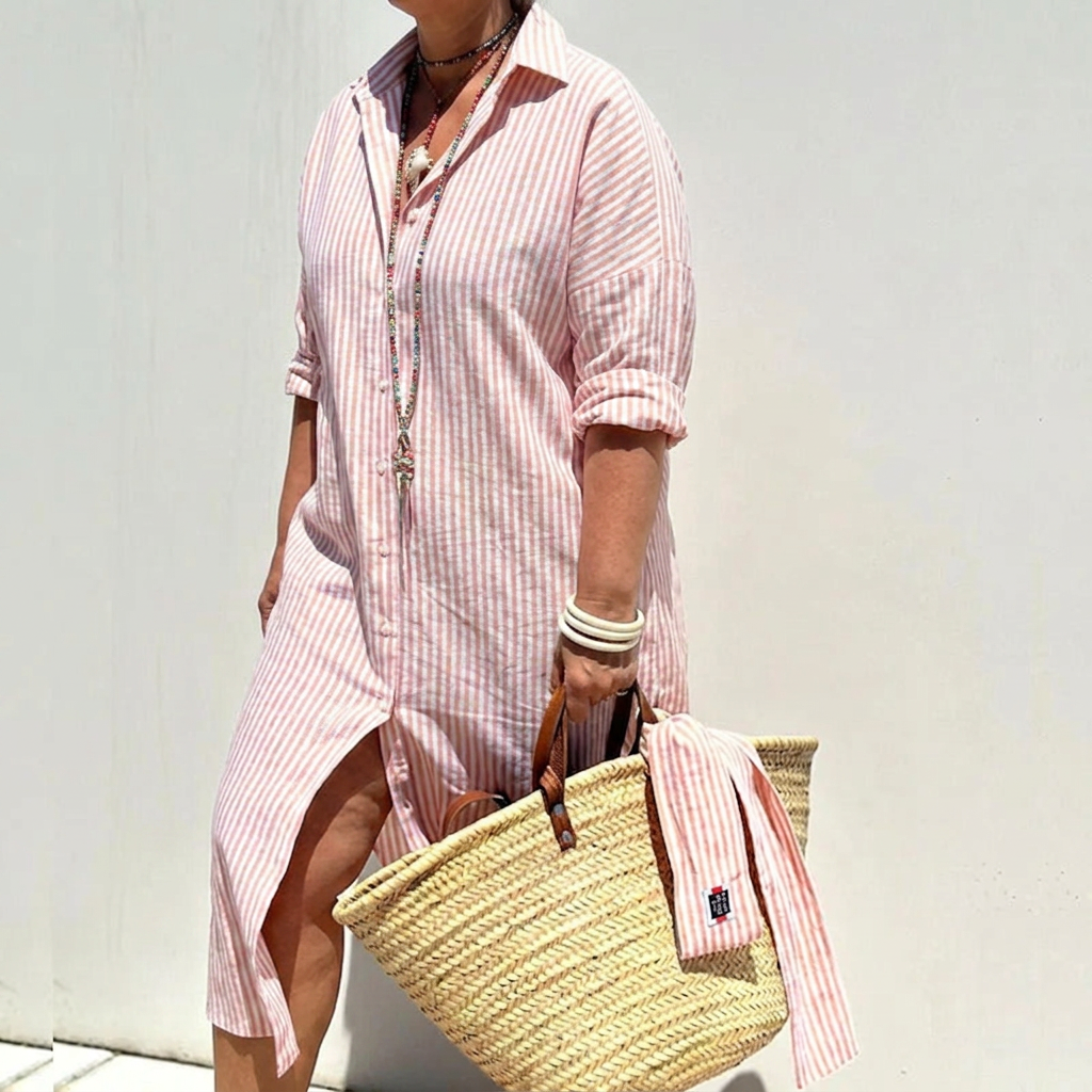 Breezy | Women's Linen Button-Down Stripe Shirt Dress - Plus size model