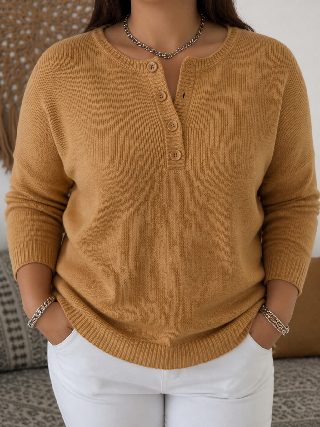 Helena | Henley Button-Up Knit Sweater - Plus size model