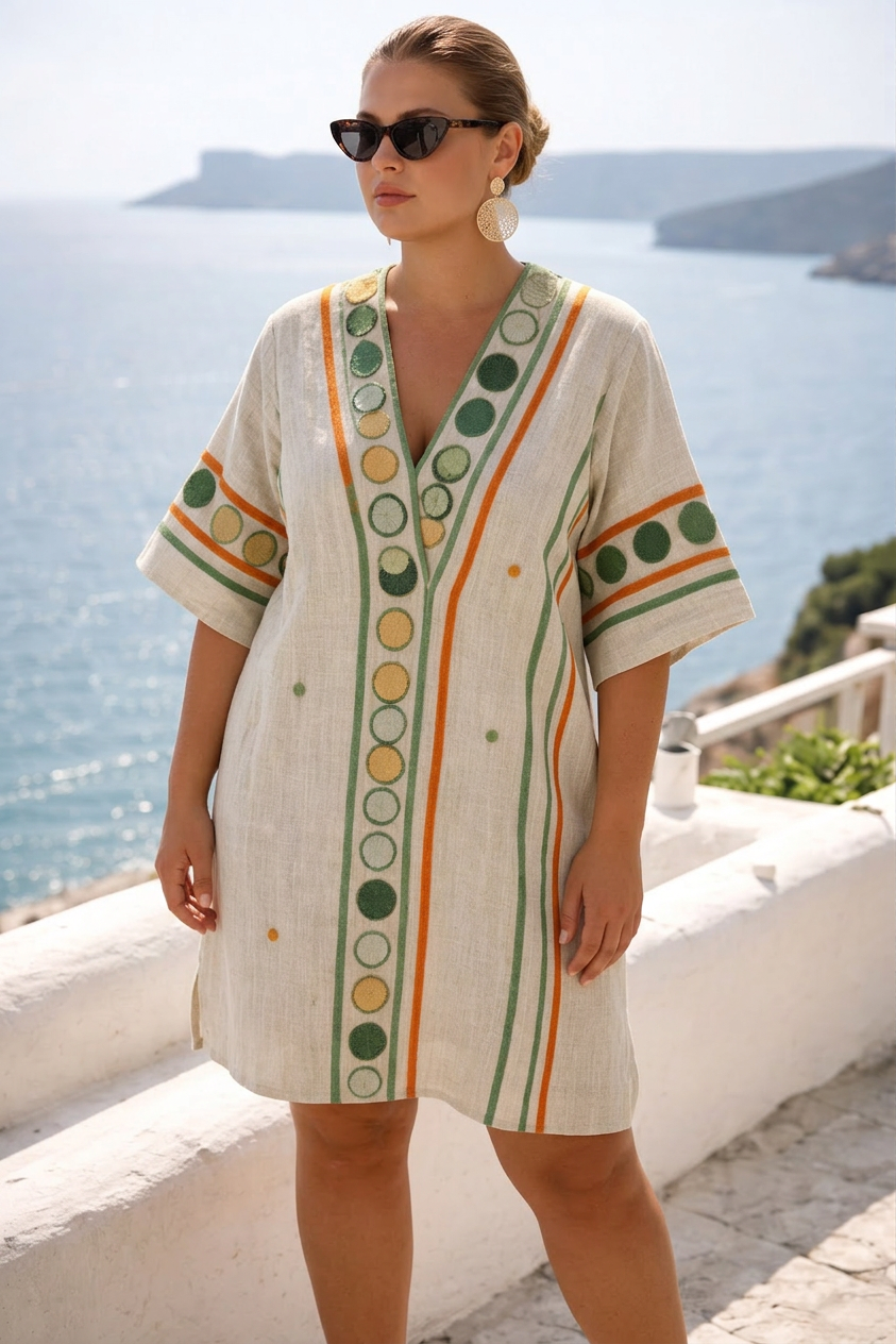 Verdia | Coastal Embroidered Stripe Mini Dress - Plus size model