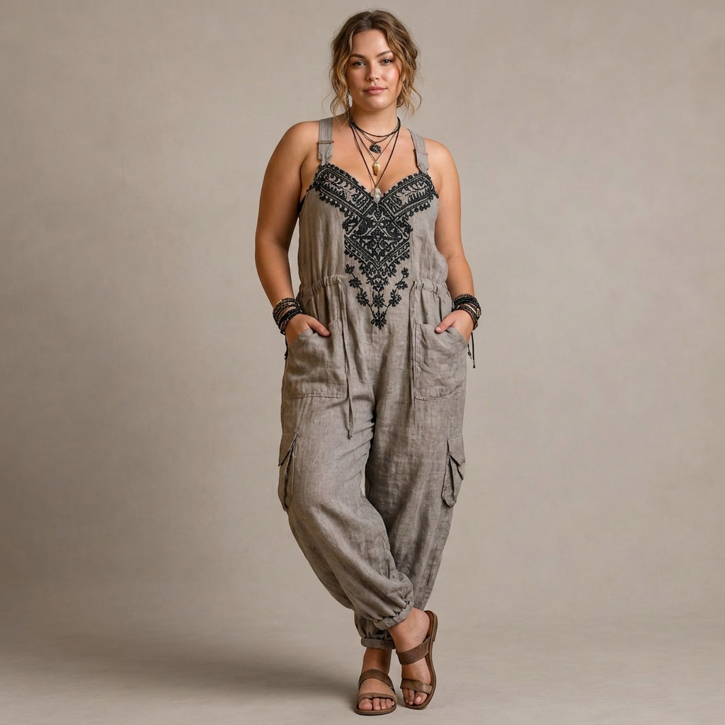 Astrid – Embroidered Bohemian Jumpsuit - Plus size model
