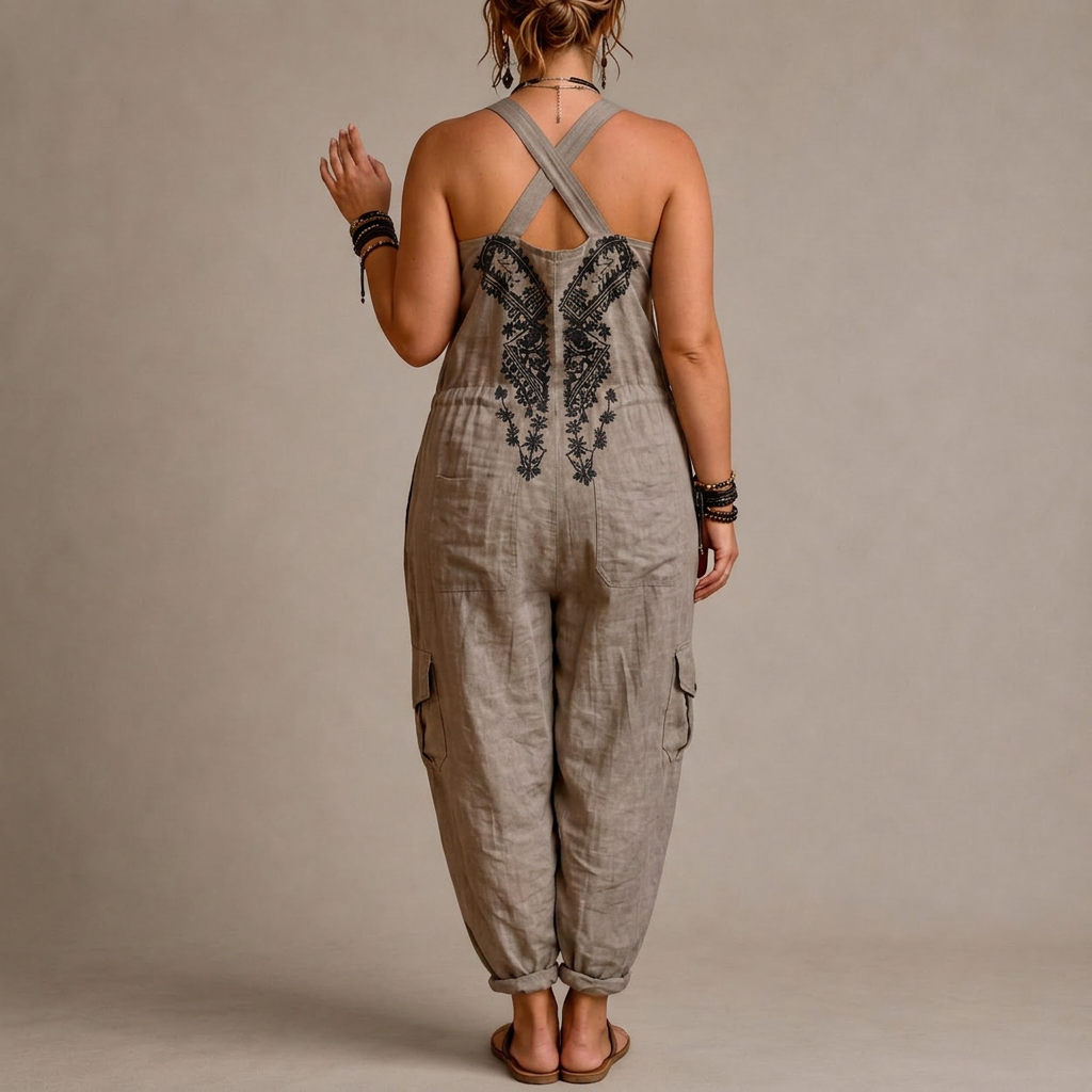 Astrid – Embroidered Bohemian Jumpsuit - Plus size model