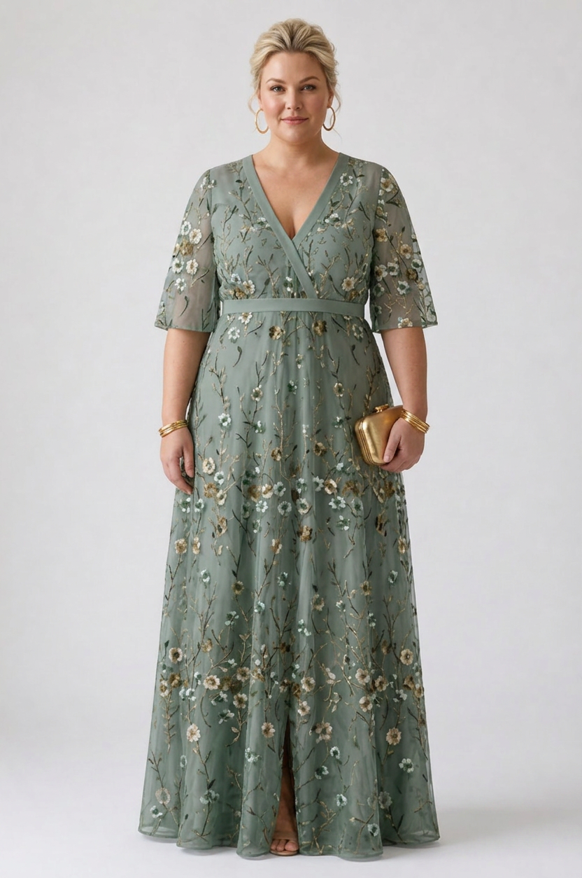 Stella & Grace™ | Floral V Neck Short Sleeve Maxi Dress - Plus size model