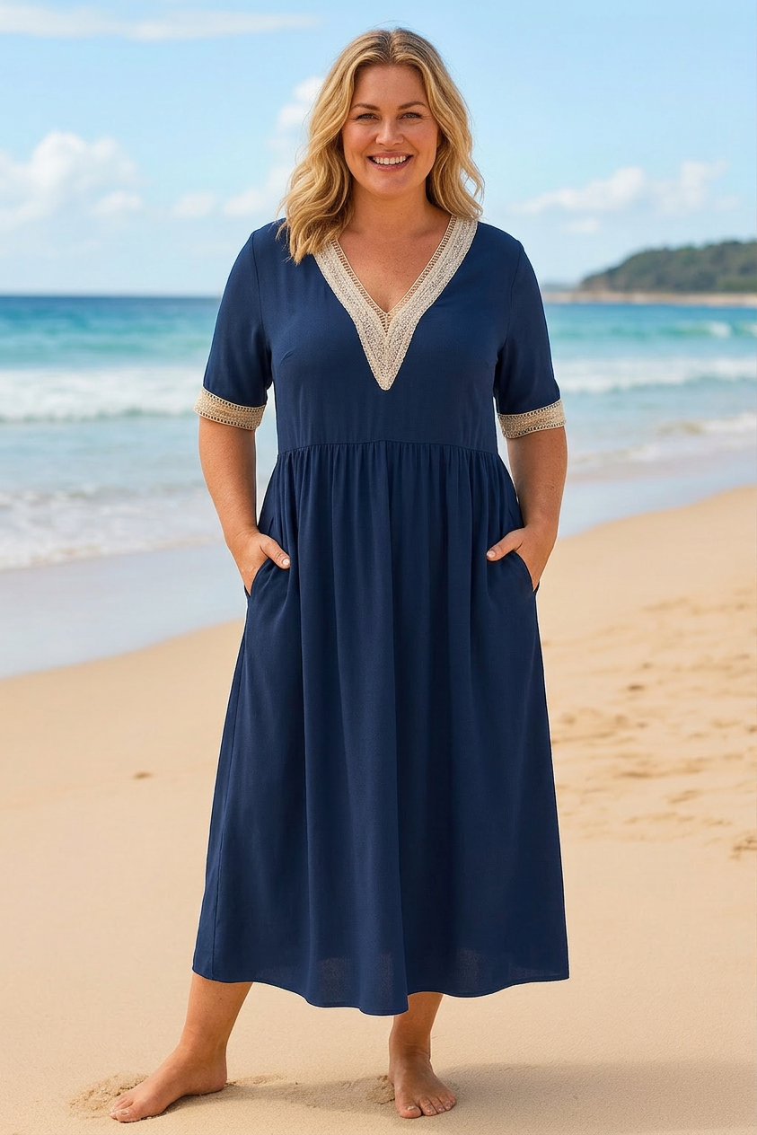 Isolde | Linen Lace Midi Dress - Plus size model