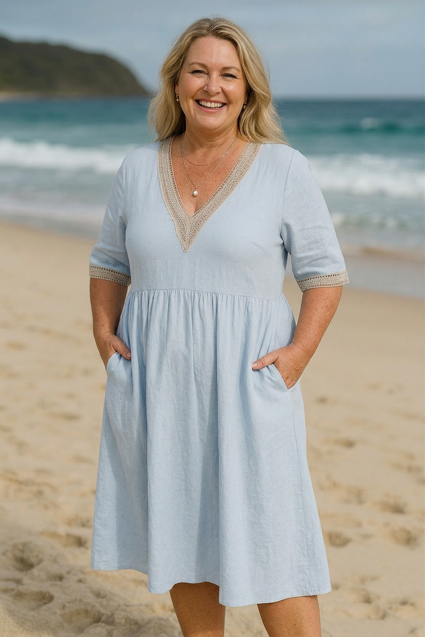Isolde | Linen Lace Midi Dress - Plus size model