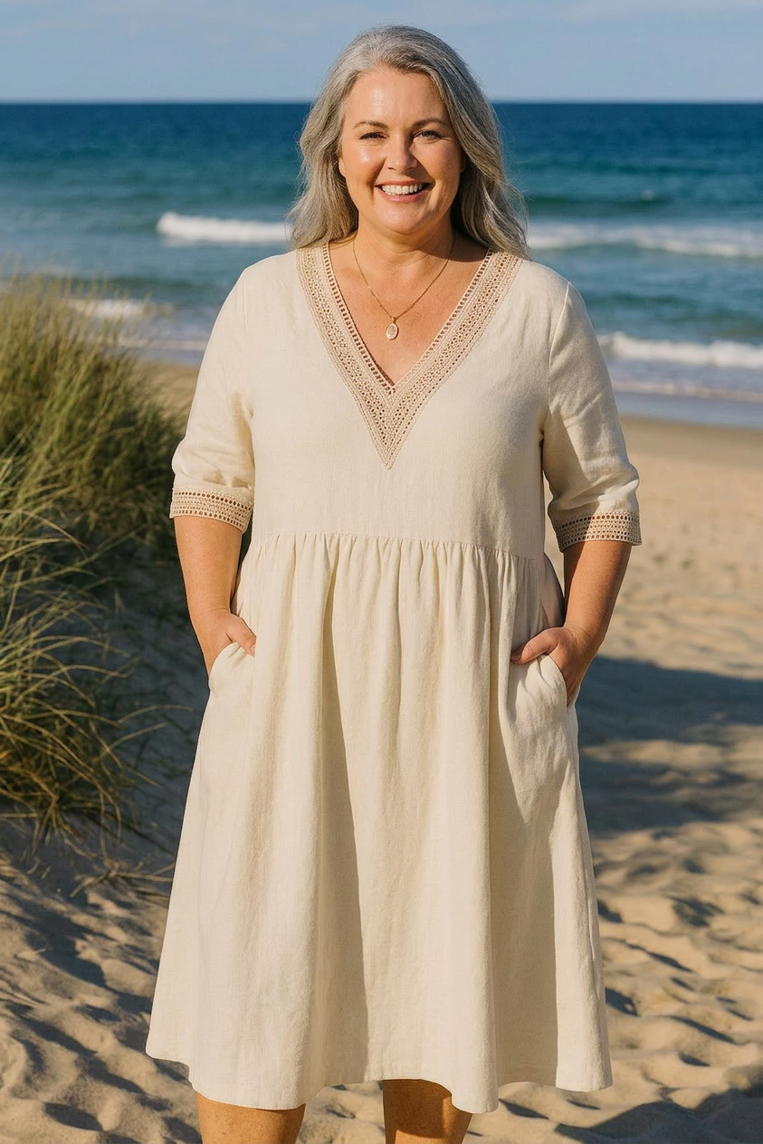 Isolde | Linen Lace Midi Dress - Plus size model