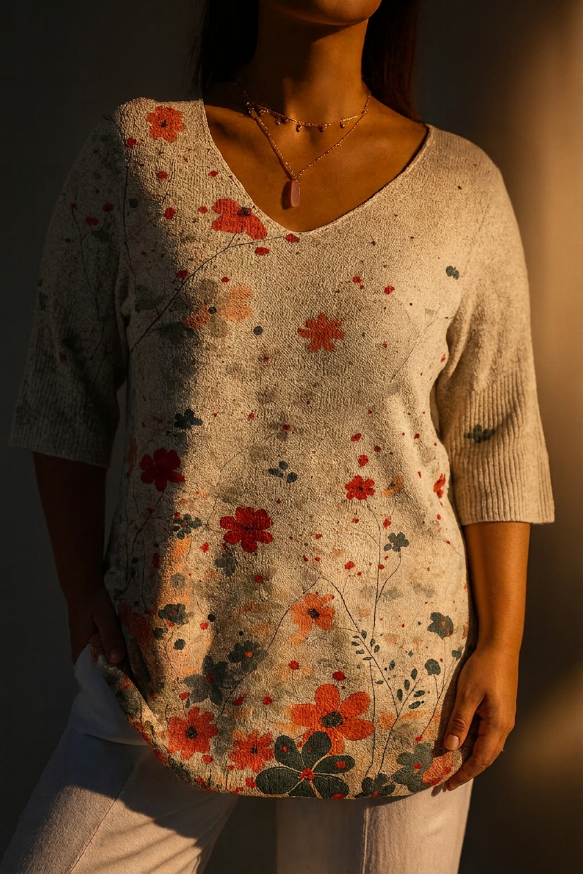 Women's Vintage Floral Pattern Art Print Casual Knit Pullover - Plus size model