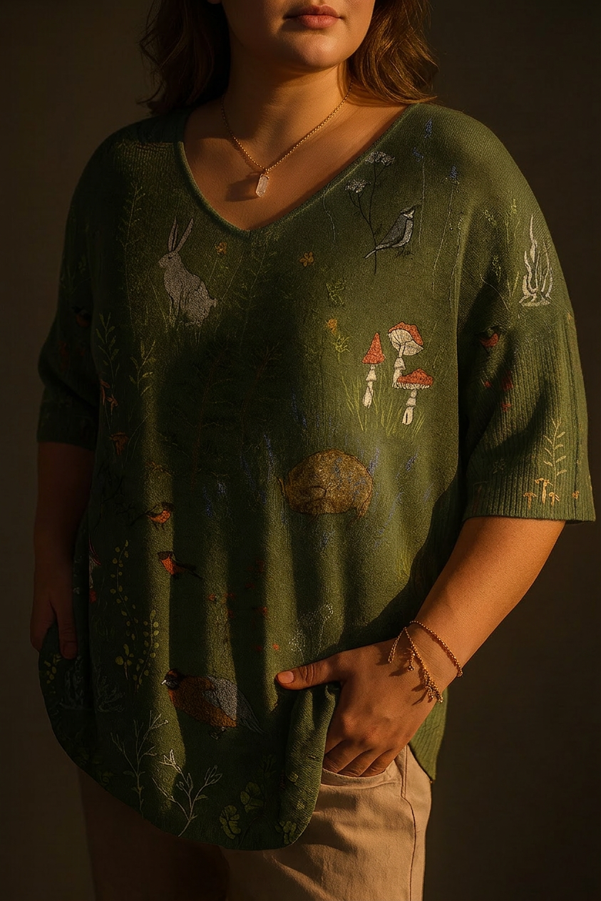 Woodland And Animals Repeat Pattern Printed Women's Casual Pullover Knit - Plus size model