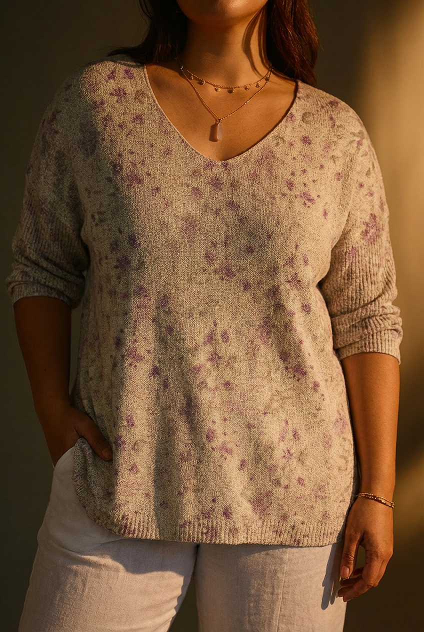 Women's Vintage Floral Art Casual Pullover Knit - Plus size model