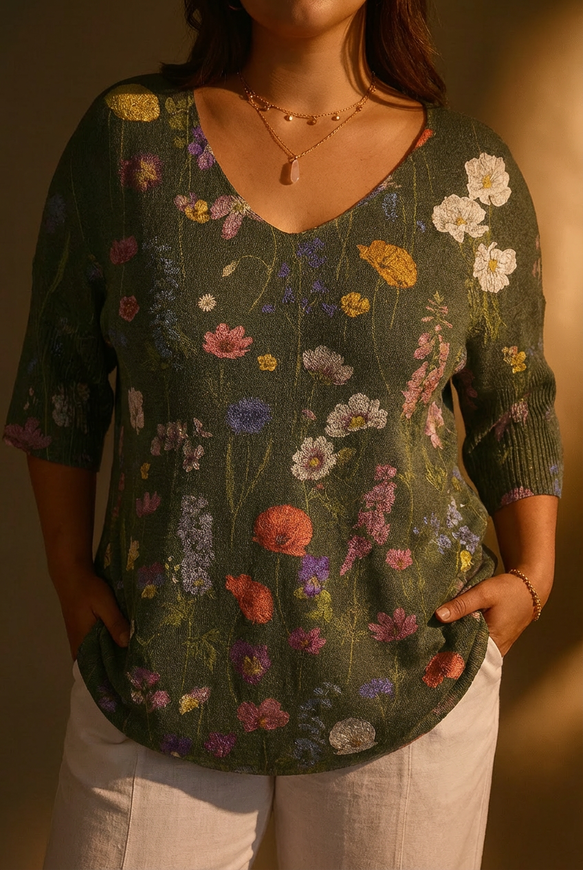 Vibrant Spring Botanical Garden Pattern Printed Women's Casual Pullover Knit - Plus size model