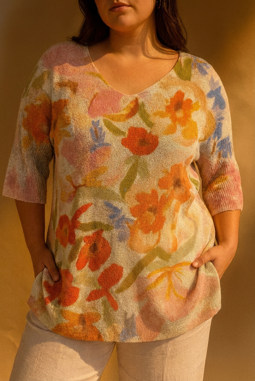 Women's Vintage Art Floral Casual Pullover Knit - Plus size model