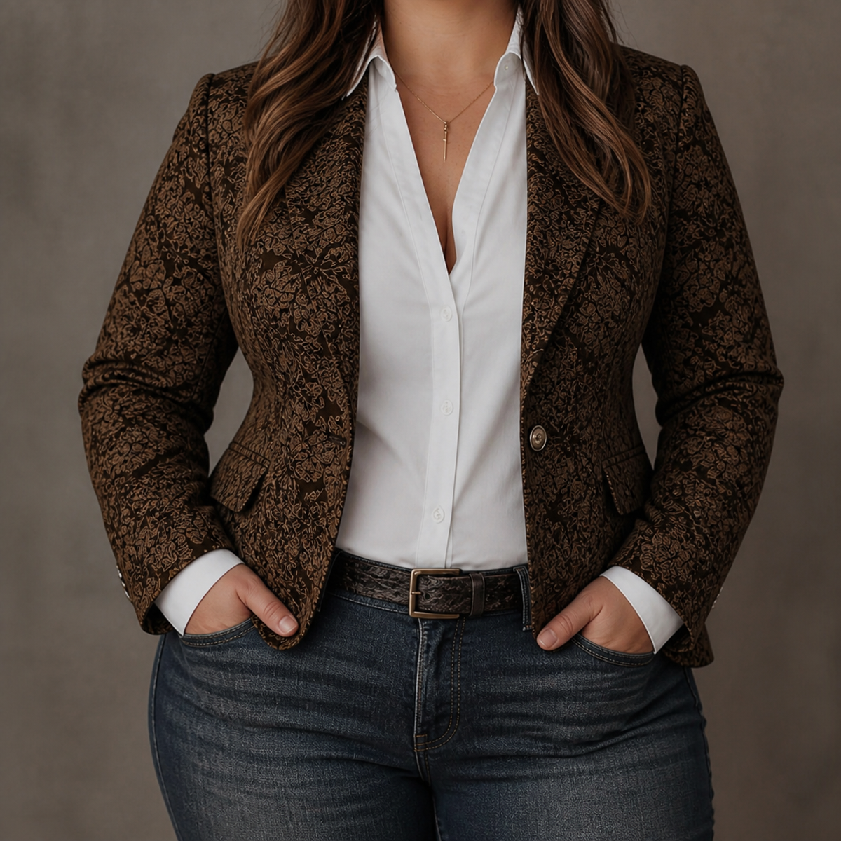 Women’s Paisley Jacquard Fitted Blazer - Plus size model