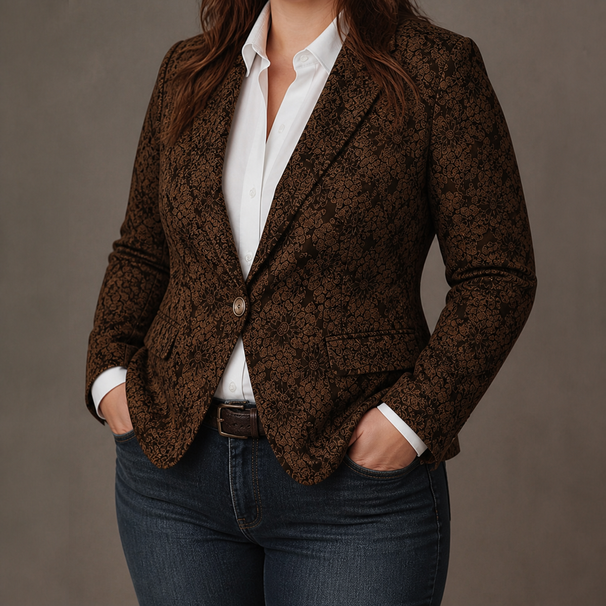 Women’s Paisley Jacquard Fitted Blazer - Plus size model