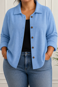 Laura | Loose Sky Blue Open Shirt with Curved Hem - Plus size model