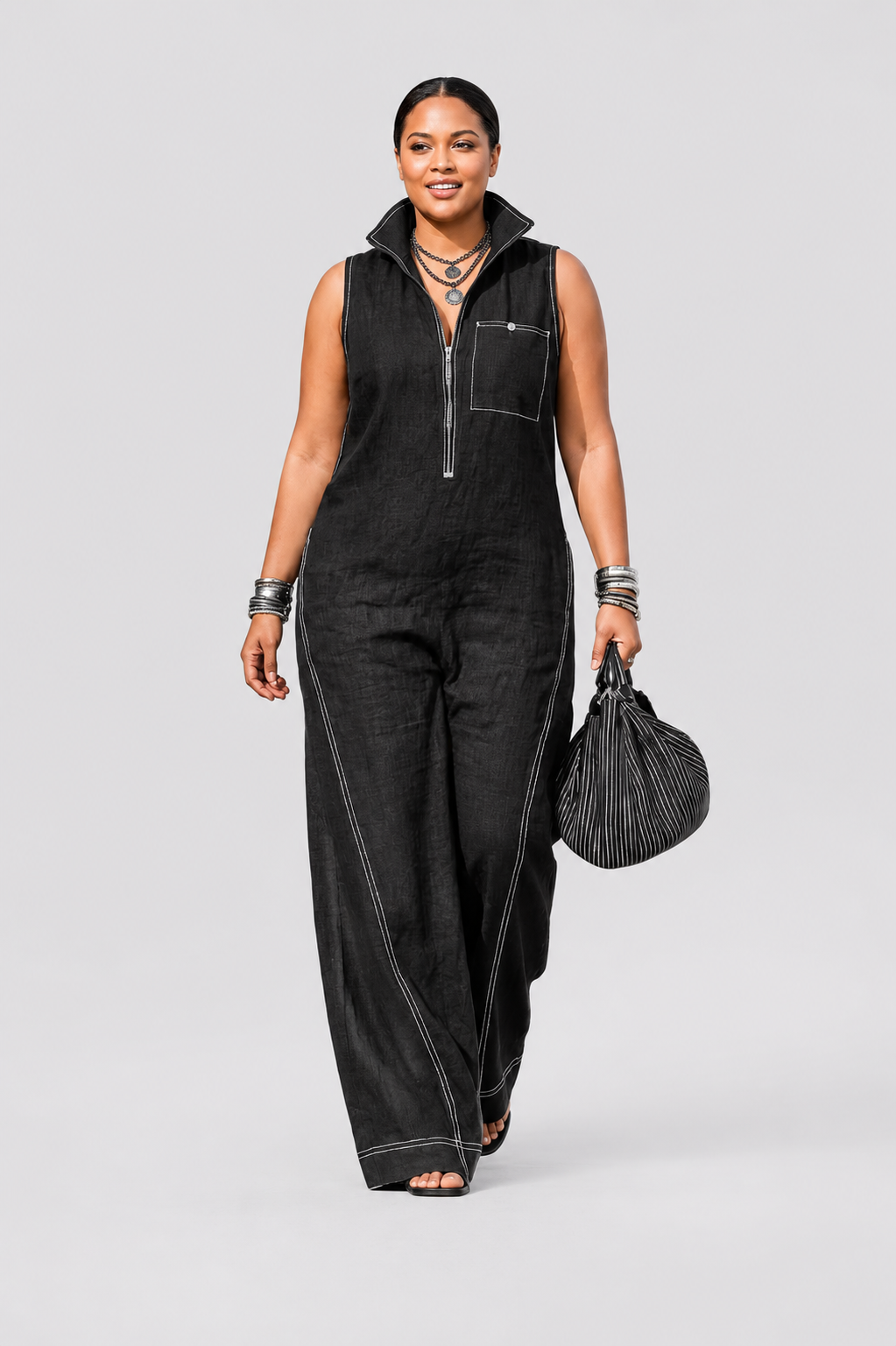 Women's Minimalist Sleeveless Jumpsuit with White Trim