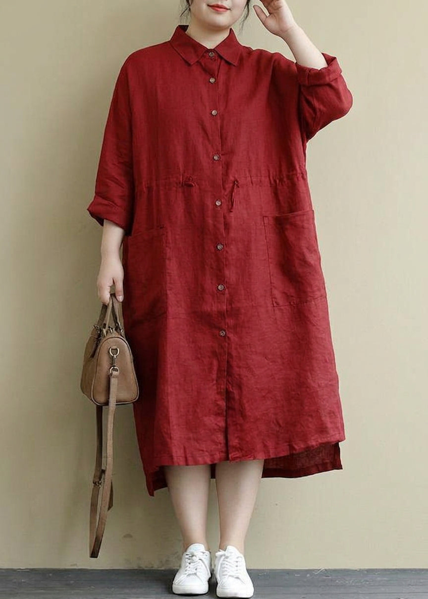 Sienna - Red Linen Shirt Dress Casual Oversize Spring Maxi Dresses - Plus size model