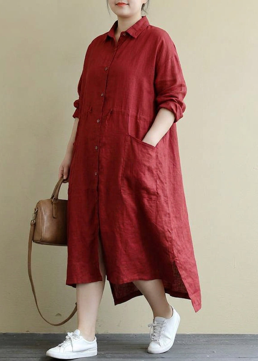 Sienna - Red Linen Shirt Dress Casual Oversize Spring Maxi Dresses - Plus size model