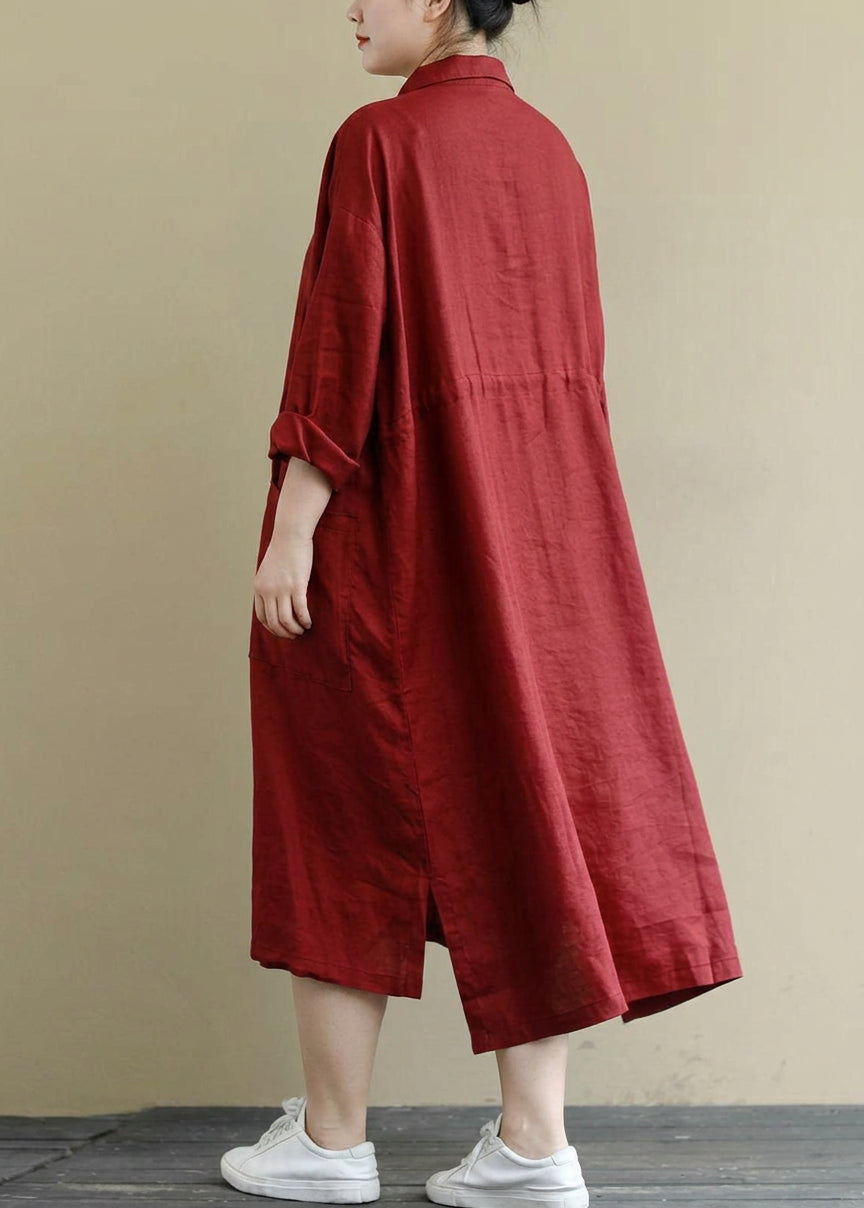 Sienna - Red Linen Shirt Dress Casual Oversize Spring Maxi Dresses - Plus size model