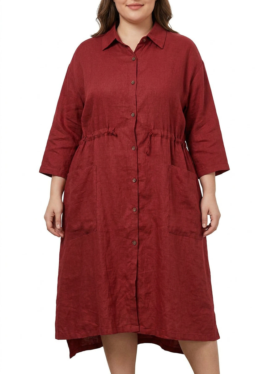 Sienna - Red Linen Shirt Dress Casual Oversize Spring Maxi Dresses - Plus size model