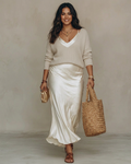 Alessia – Elegant Satin Midi Dress - Plus size model