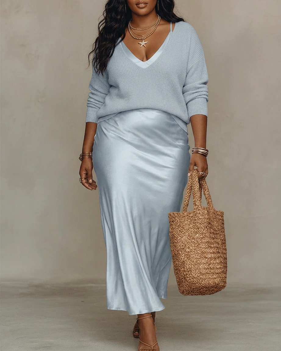Alessia – Elegant Satin Midi Dress - Plus size model
